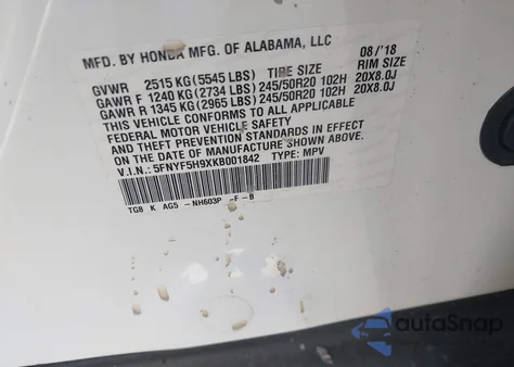 2019 Honda Pilot Touring z USA, uszkodzony, nr VIN 5FNYF5H9XKB001842